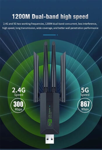 Двулентов USB wifi 1200Mbps адаптер 2.4GHz 5GHz WiFi с 4 антени PC мини компютър 600Mbps мрежова карта приемник