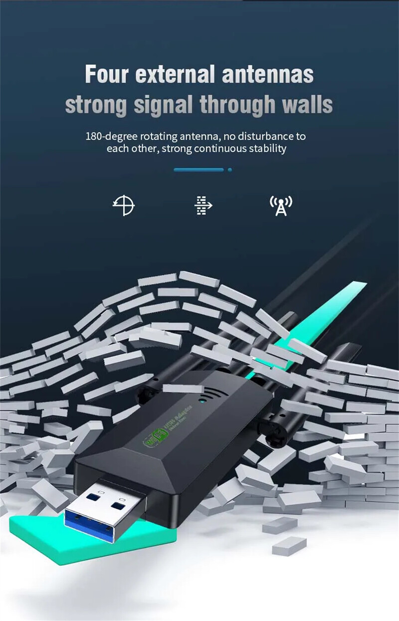 Διπλή ζώνη USB wifi 1200Mbps Προσαρμογέας 2,4GHz 5GHz WiFi με 4 κεραίες PC Mini Computer 600Mbps Δέκτης κάρτας δικτύου