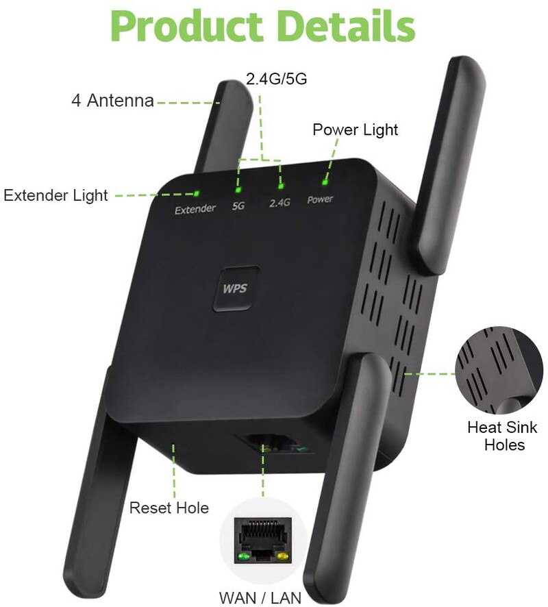 5 Ghz WiFi bővítő nagy hatótávolságú vezeték nélküli WIFI Booster AC1200 adapter 1200Mbps Wi-Fi erősítő 802.11N Wi Fi jelismétlő