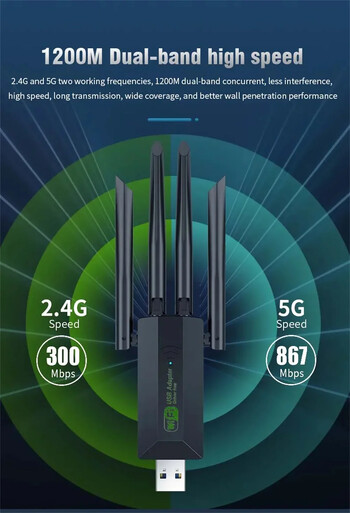 Двулентов USB wifi 1200Mbps адаптер 2.4GHz 5GHz WiFi с 4 антени PC мини компютър 600Mbps мрежова карта приемник