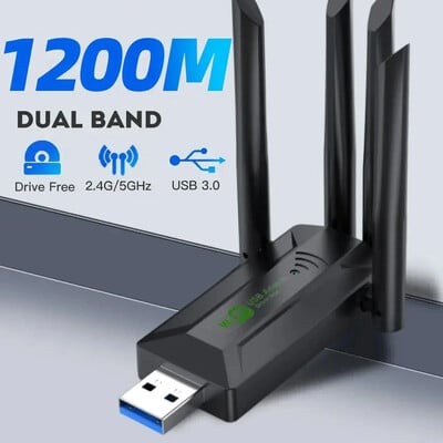 Dviejų juostų USB wifi 1200Mbps adapteris 2,4GHz 5GHz WiFi su 4 antenomis PC mini kompiuteris 600Mbps tinklo plokštės imtuvas