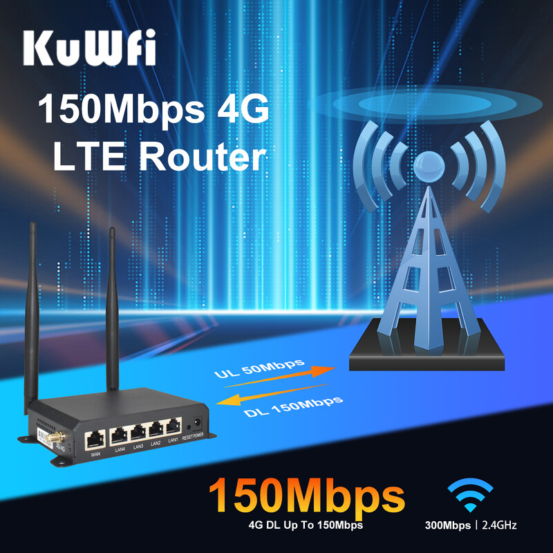 KuWFi 150Mbps 4G LTE router Bezdrôtový WiFi router 4 ks odnímateľných antén s WAN LAN RJ45 portom AP opakovačom slot pre SIM kartu