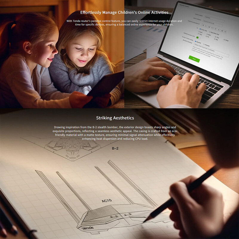 Router Tenda AC10 Versiune Gigabit 2.4GHz 5GHz WiFi 1167Mbps Repetor WiFi 128MB DDR3 High Gain 4 antene Extensor de rețea