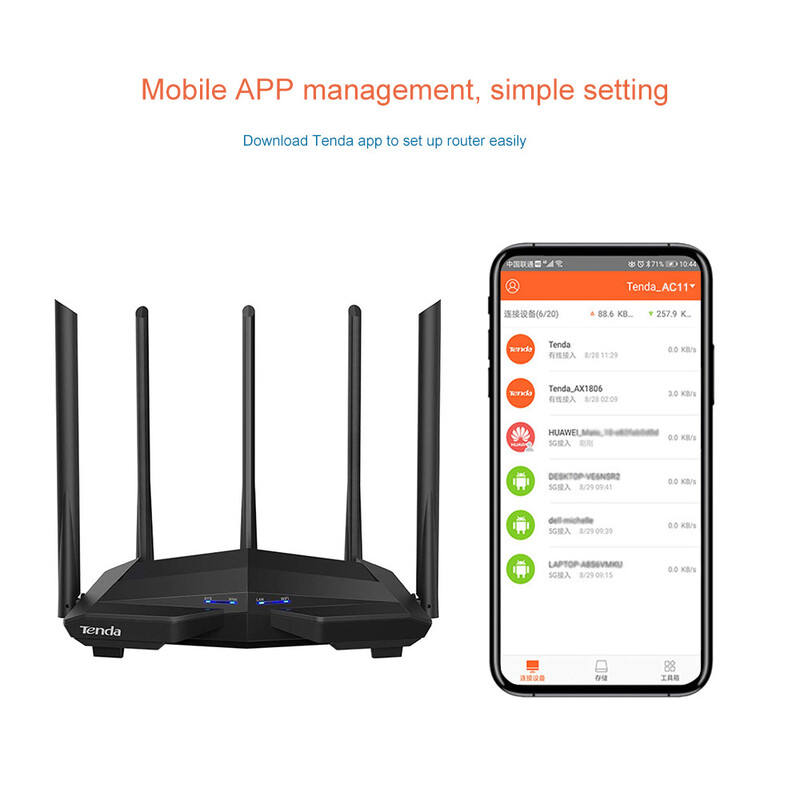Router WiFi Tenda AC11 Gigabit AC1200 Dual Band 2.4G 5GHz MU-MIMO Smart App Control Management W/5 antene Amplificator de semnal