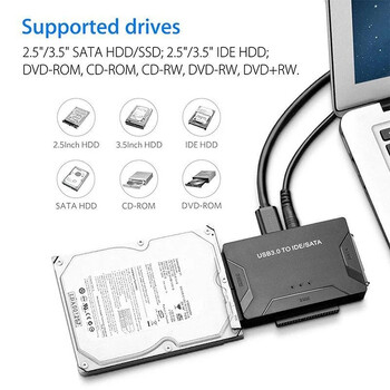 SATA/IDE към USB 3.0 адаптер, твърд диск, адаптер, конвертор за универсален 2,5/3,5-инчов IDE SATA HDD SSD с 12V 2A захранващ адаптер