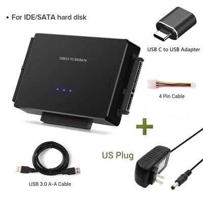 SATA/IDE към USB 3.0 адаптер, твърд диск, адаптер, конвертор за универсален 2,5/3,5-инчов IDE SATA HDD SSD с 12V 2A захранващ адаптер