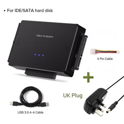 SATA/IDE към USB 3.0 адаптер, твърд диск, адаптер, конвертор за универсален 2,5/3,5-инчов IDE SATA HDD SSD с 12V 2A захранващ адаптер