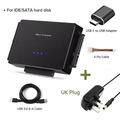 SATA/IDE към USB 3.0 адаптер, твърд диск, адаптер, конвертор за универсален 2,5/3,5-инчов IDE SATA HDD SSD с 12V 2A захранващ адаптер