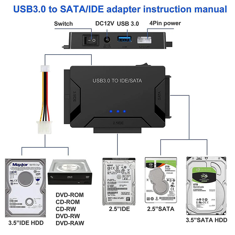 SATA/IDE към USB 3.0 адаптер, твърд диск, адаптер, конвертор за универсален 2,5/3,5-инчов IDE SATA HDD SSD с 12V 2A захранващ адаптер