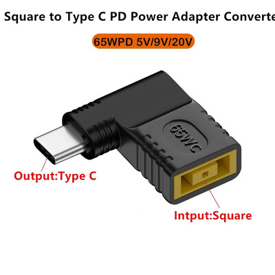 Cablu de încărcare rapidă USB C de 65 W Încărcător pentru laptop Lenovo, mufă DC, mufă pătrată la adaptor tip C PD, convertor pentru telefon, tabletă, notebook