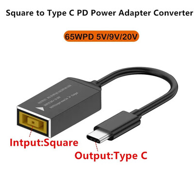 Cablu de încărcare rapidă USB C de 65 W Încărcător pentru laptop Lenovo, mufă DC, mufă pătrată la adaptor tip C PD, convertor pentru telefon, tabletă, notebook