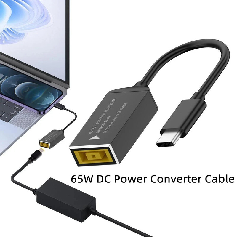 Cablu de încărcare rapidă USB C de 65 W Încărcător pentru laptop Lenovo, mufă DC, mufă pătrată la adaptor tip C PD, convertor pentru telefon, tabletă, notebook