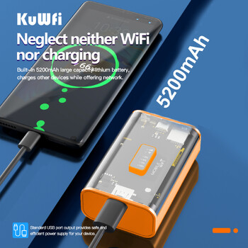 KuWFi 5200mAh 4G LTE рутер Proteble Mobile Travel Router 150Mbps безжична Wi-Fi Hotspot USB изход TypeC Слот за SIM карта за зареждане