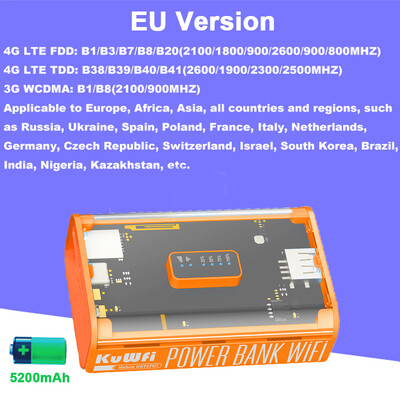 KuWFi 5200mAh 4G LTE maršrutētājs Proteble Mobile Travel Router 150Mbps Wi-Fi Hotspot USB izeja TypeC uzlādes SIM kartes slots