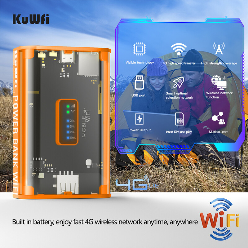 KuWFi 5200mAh 4G LTE maršrutētājs Proteble Mobile Travel Router 150Mbps Wi-Fi Hotspot USB izeja TypeC uzlādes SIM kartes slots