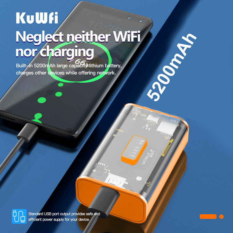 KuWFi 5200mAh 4G LTE maršrutētājs Proteble Mobile Travel Router 150Mbps Wi-Fi Hotspot USB izeja TypeC uzlādes SIM kartes slots
