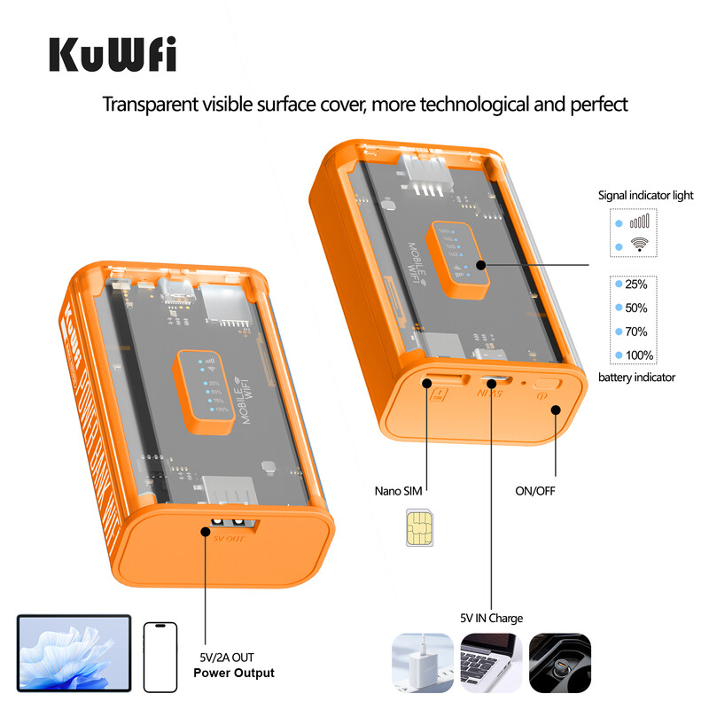 KuWFi 5200mAh 4G LTE maršrutētājs Proteble Mobile Travel Router 150Mbps Wi-Fi Hotspot USB izeja TypeC uzlādes SIM kartes slots