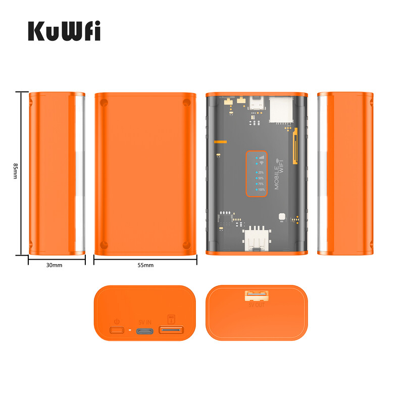 KuWFi 5200mAh 4G LTE maršrutētājs Proteble Mobile Travel Router 150Mbps Wi-Fi Hotspot USB izeja TypeC uzlādes SIM kartes slots
