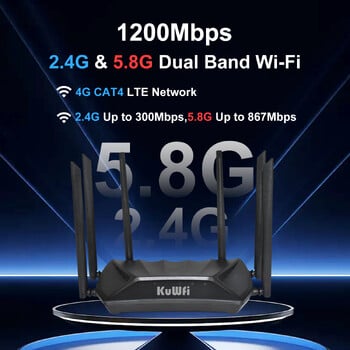 KuWFi 1200Mbps 4G LTE рутер 2.4G 5G двулентов безжичен рутер с 6*5dBi антени с високо усилване с Gigabit WAN LAN порт