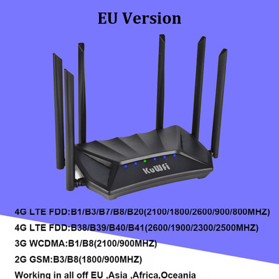 KuWFi 1200Mbps 4G LTE maršrutētājs 2.4G 5G divjoslu bezvadu maršrutētājs ar 6*5dBi augsta pastiprinājuma antenām ar Gigabit WAN LAN portu