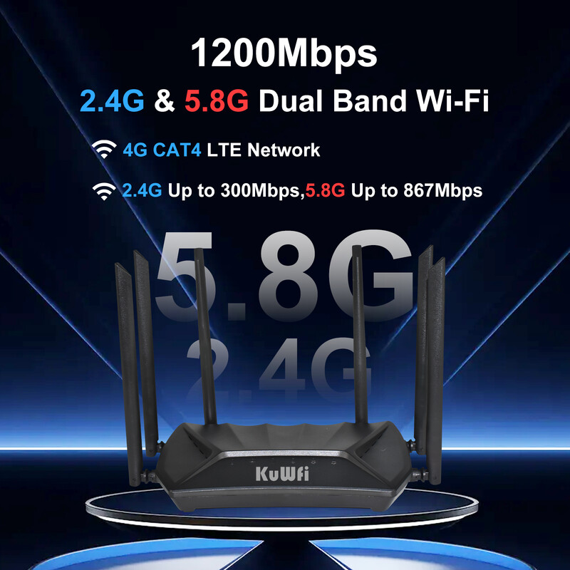 KuWFi 1200Mbps 4G LTE maršrutētājs 2.4G 5G divjoslu bezvadu maršrutētājs ar 6*5dBi augsta pastiprinājuma antenām ar Gigabit WAN LAN portu