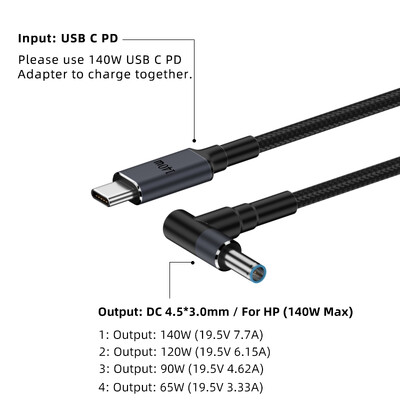 65 W 90 W 140 W USB C PD–DC univerzális laptop töltőkábel Asus Dell Hp 5.5X2.5 7.4X5.0 4.5X3.0mm DC tápadapter átalakítóhoz