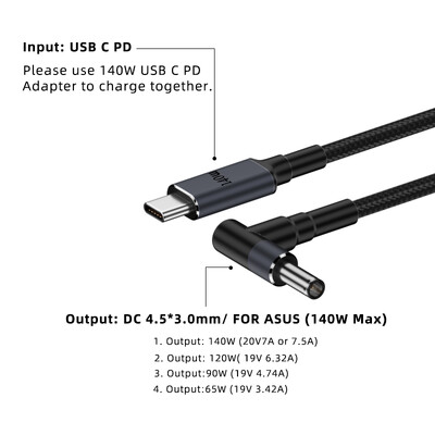 65 W 90 W 140 W USB C PD–DC univerzális laptop töltőkábel Asus Dell Hp 5.5X2.5 7.4X5.0 4.5X3.0mm DC tápadapter átalakítóhoz