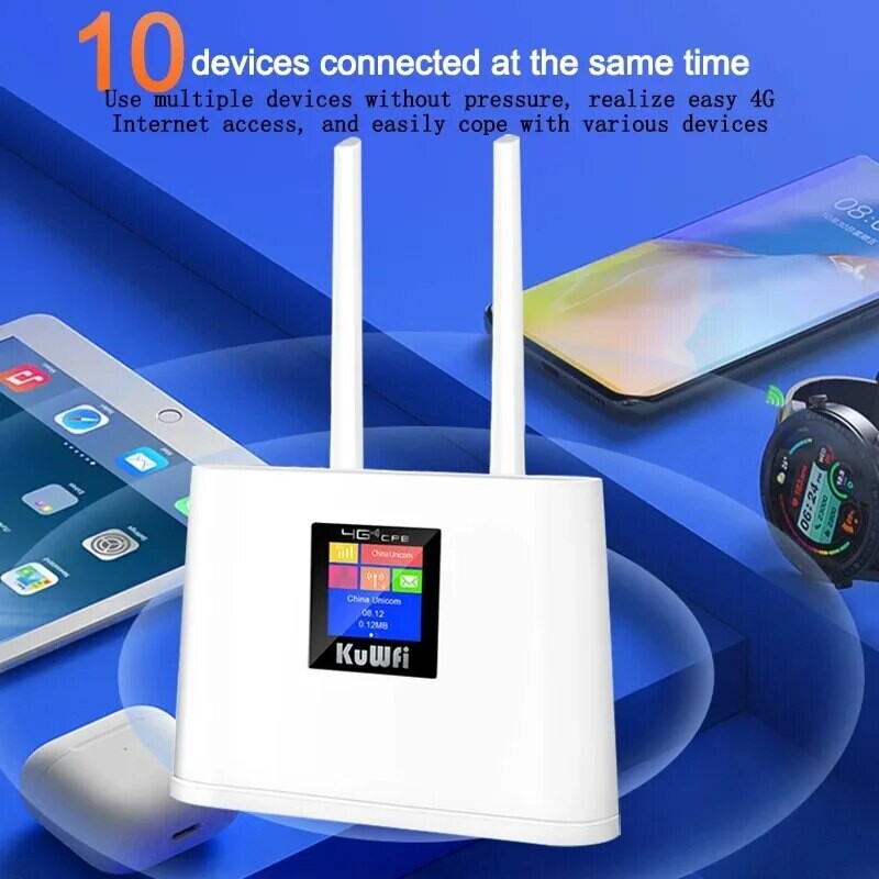 KuWFi 4G Wifi maršrutētājs 150Mbps bezvadu maršrutētājs ar SIM kartes slota modemu ārējo antenu WiFi tīklāju ar viedo LCD displeju