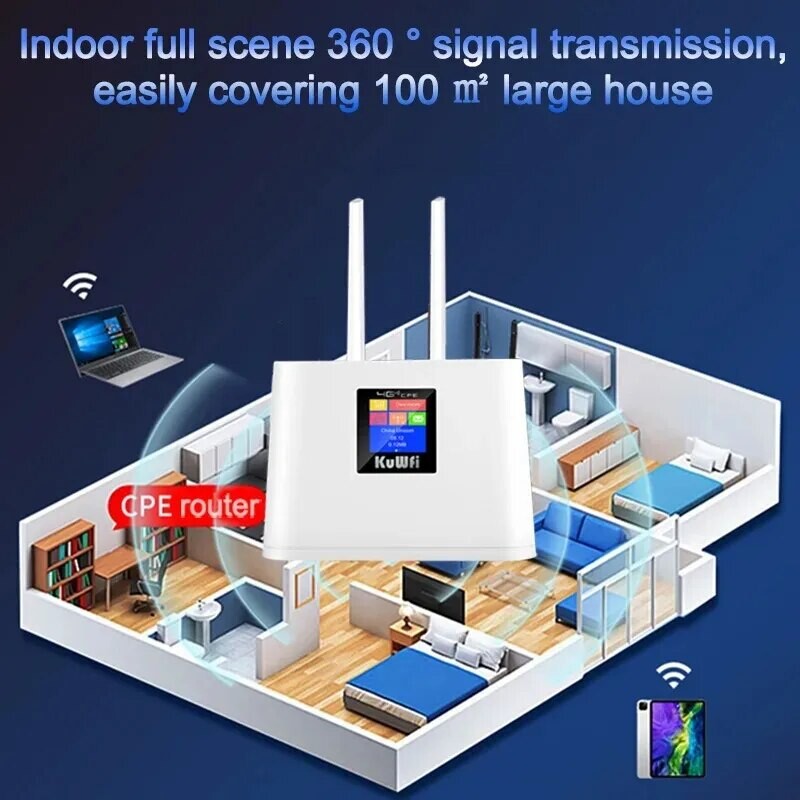 KuWFi 4G Wifi maršrutētājs 150Mbps bezvadu maršrutētājs ar SIM kartes slota modemu ārējo antenu WiFi tīklāju ar viedo LCD displeju