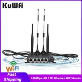 KuWFi 150Mbps 4G LTE bezvadu WiFi maršrutētājs DDNS ugunsmūra funkcija RJ45 ports AP atkārtotāja režīms pie sienas piestiprinātas ārējās 4gab antenas