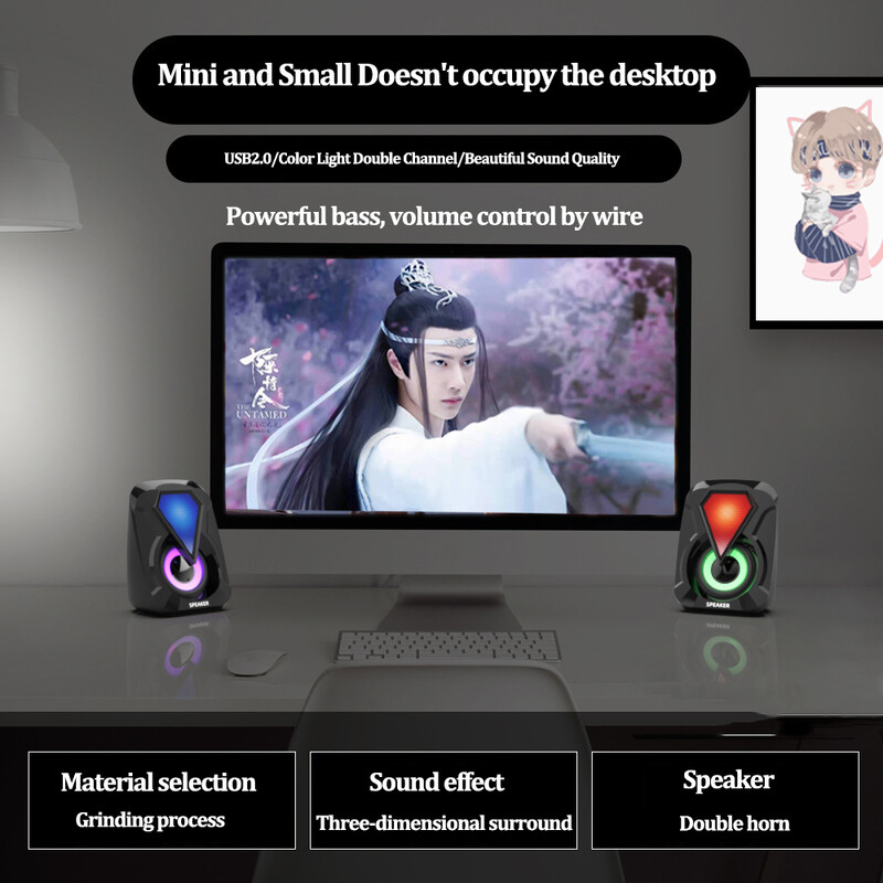 Mini USB juhtmega arvutikõlar RGB valgustus lauaarvuti mängimine suure helitugevusega kodukontori helikast Värviline võimas bassikõlar