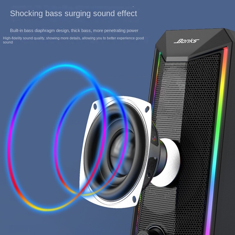 Staliniai garsiakalbiai, 2.0 kanalų kompiuterio HiFi stereo žaidimų garsiakalbis su spalvingais LED šviesos režimais, patobulintais žemaisiais dažniais ir lengva prieiga