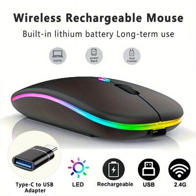 Mouse Bluetooth fără fir cu adaptor de tip C la USB, reîncărcabil prin USB cu mouse de jocuri Bluetooth pentru MAC/laptop/PC/Windows