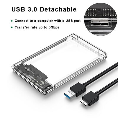 Priehľadný 2,5-palcový HDD SSD kryt SATA III na USB 3.0 pevný disk s podporou 5TB mobilného externého HDD pre notebook