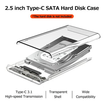 Прозрачен калъф за твърд диск HDD корпус 2,5 инча SATA към USB 3.0 Type-C 3.1 UASP Прозрачен калъф за твърд диск Кутии за твърд диск Без инструменти