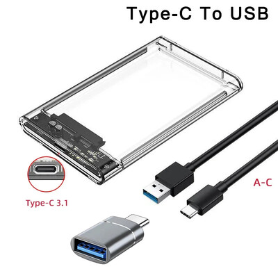 Прозрачен калъф за твърд диск HDD корпус 2,5 инча SATA към USB 3.0 Type-C 3.1 UASP Прозрачен калъф за твърд диск Кутии за твърд диск Без инструменти