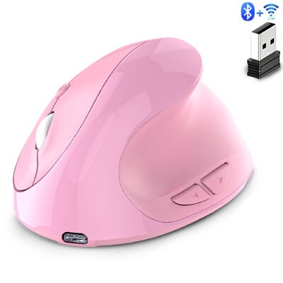 Vezeték nélküli Bluetooth kettős üzemmódú függőleges egér újratölthető, némító gomb DPI állítható ergonómia Pink Mause irodai használatra rutin egerek