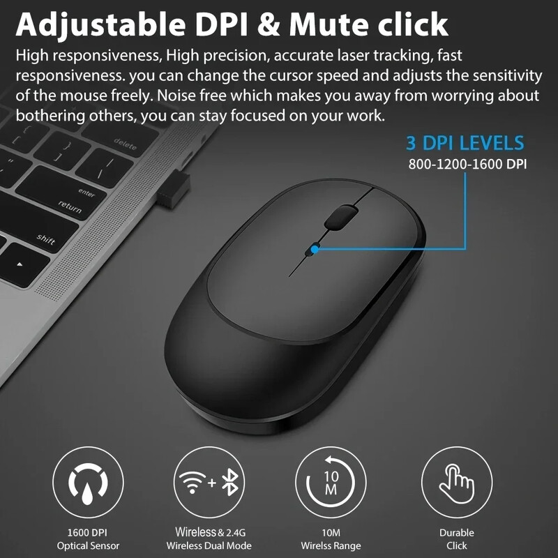 2,4 Gh vezeték nélküli játék egér Kettős módú Bluetooth Ultra alacsony fogyasztású, kompatibilis PC Mac laptop némítás