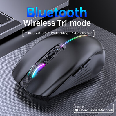 Bezvadu trīsrežīmu pele 2.4G Bluetooth 4.0+5.0 uzlādējama skaņas izslēgšanas poga Mause RGB fona apgaismojums, viegls, pārnēsājams biroja lietošanai