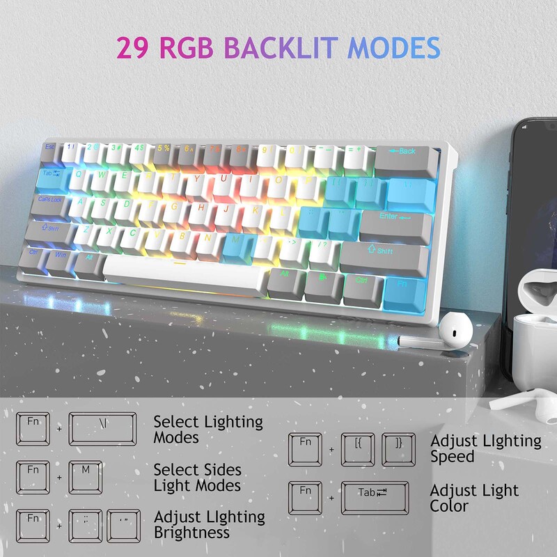 RGB 60 procentų laidinė žaidimų mechaninė klaviatūra, mini kompaktiška USB sparčiai keičiama klaviatūra su rudais jungikliais, skirta nešiojamam kompiuteriui
