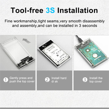 Περίβλημα σκληρού δίσκου USB 2.0/3.0/Type C σε SATA SSD, περίβλημα εξωτερικού σκληρού δίσκου 2,5 ιντσών 9,5 mm χωρίς εργαλεία, υποστήριξη UASP/Max 2TB