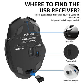 Съвместима с Bluetooth мишка, акумулаторна 2.4G INPHIC PM6 безжична мишка, поддръжка за заглушаване на офиса, компютър, лаптоп, таблет, смартфон, универсален