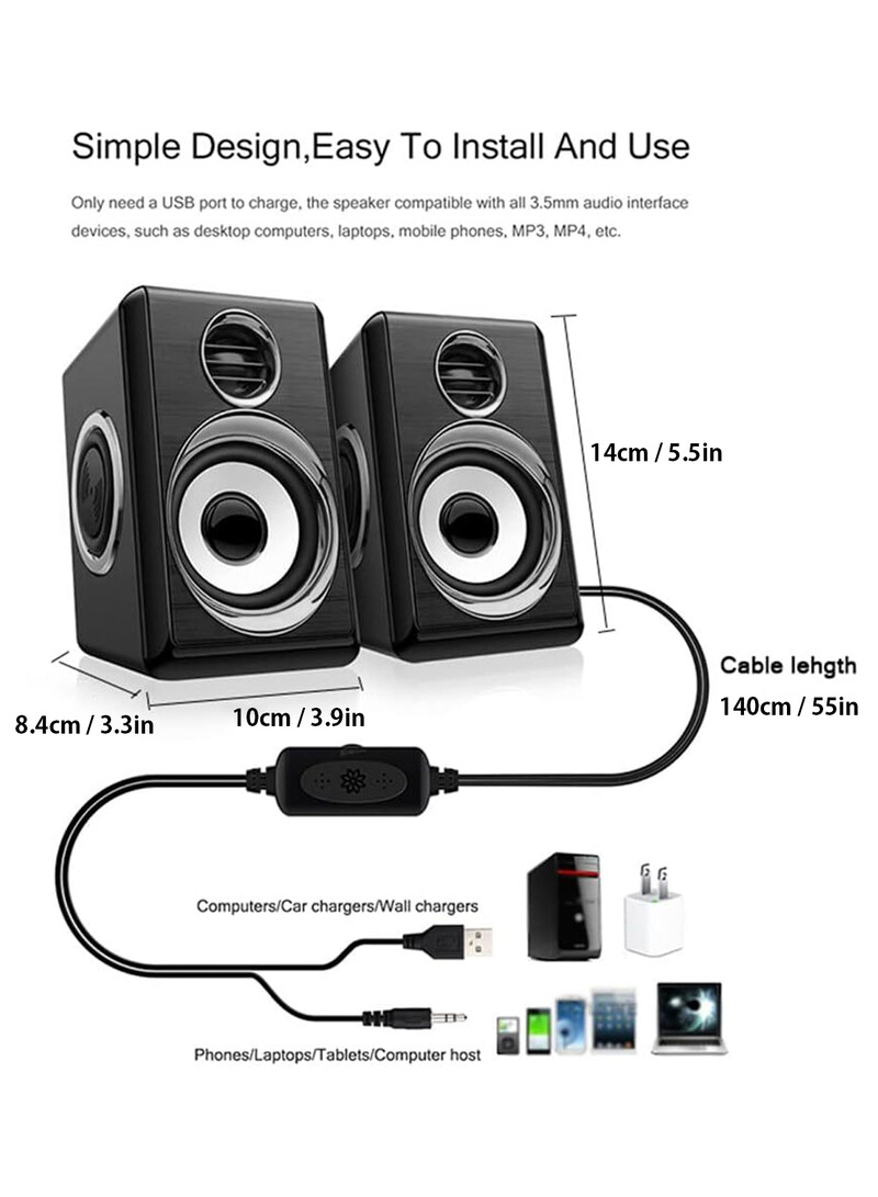 Počítačové stereo 1 pár USB+AUX káblové počítačové reproduktory s basovou výstužou, 4 membrány pre notebook, stolný počítač, 8W vysoký výkon