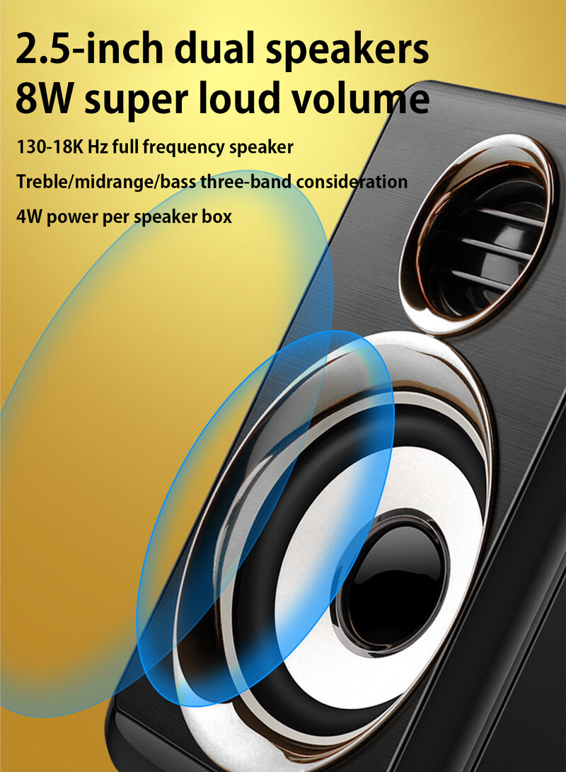 Počítačové stereo 1 pár USB+AUX káblové počítačové reproduktory s basovou výstužou, 4 membrány pre notebook, stolný počítač, 8W vysoký výkon