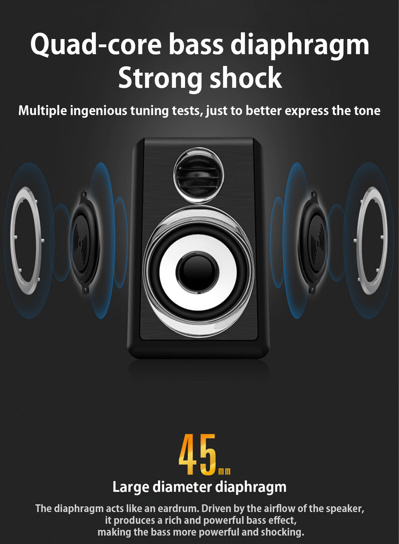 Počítačové stereo 1 pár USB+AUX káblové počítačové reproduktory s basovou výstužou, 4 membrány pre notebook, stolný počítač, 8W vysoký výkon