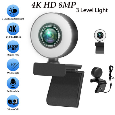 4K 2K 1080P Cu lumină Cameră web portabilă Full HD PC Laptop Focalizare automată Cameră web Streaming în direct Flexibil cu microfon Transmisiune în direct