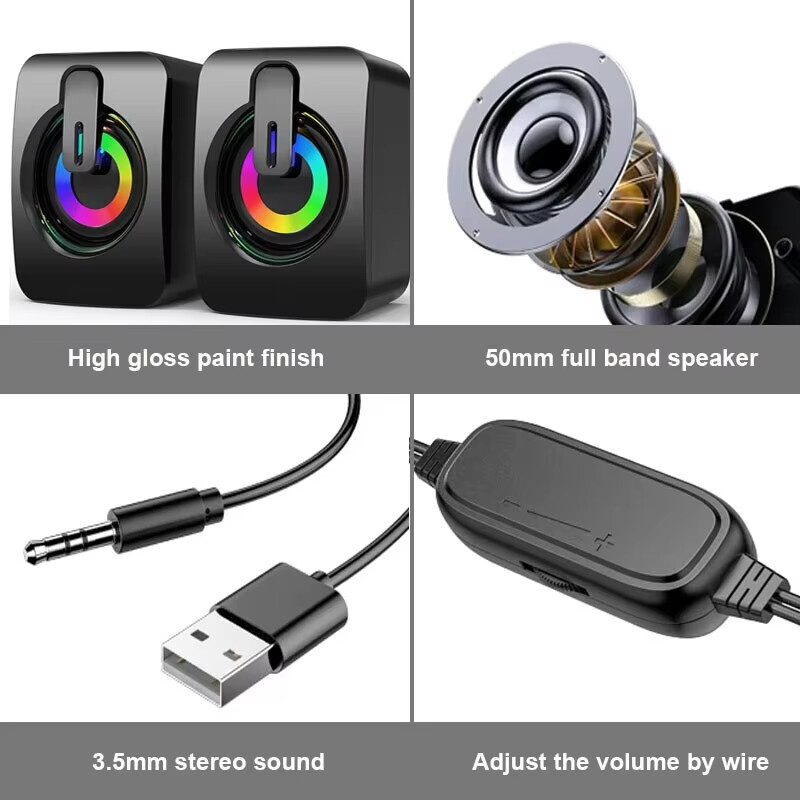2 difuzoare pentru computer cutie de sunet pentru computer microfon stereo HIFI cu cablu USB Caixa De Som cu lumină LED pentru computer de birou