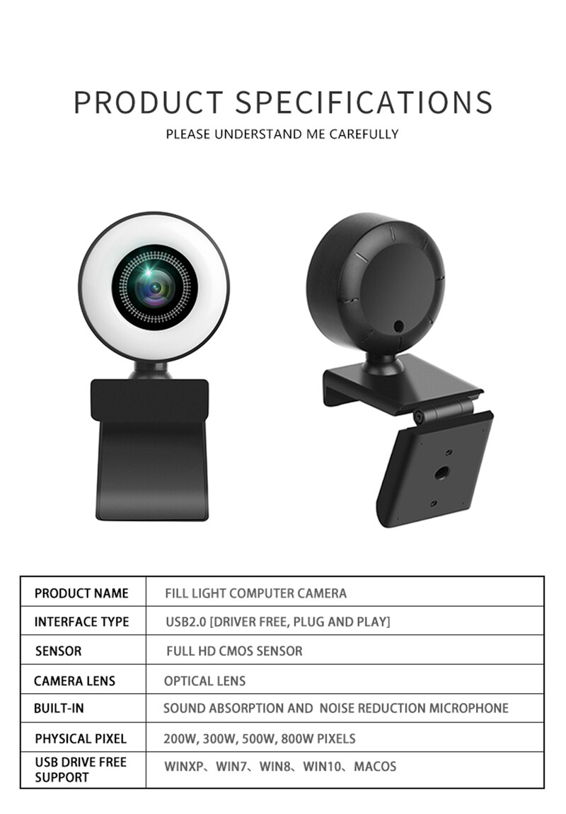 Webová kamera 1080P Mini kamera Full HD Webová kamera s kruhovým svetelným mikrofónom s USB živým vysielaním pre natáčanie videa z YouTube, PC a notebooku