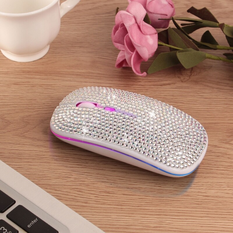 Nabíjateľná bezdrôtová myš kompatibilná s Bluetooth 2,4 GHz s krištáľovým diamantom pre kamienky s RGB podsvietením, skvelý darček pre H