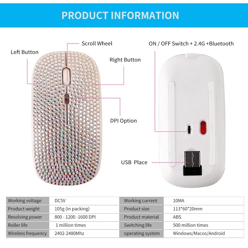 Nabíjateľná bezdrôtová myš kompatibilná s Bluetooth 2,4 GHz s krištáľovým diamantom pre kamienky s RGB podsvietením, skvelý darček pre H